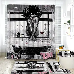Women Cityscape Theme Shower Curtain Set, Includes Plastic Hooks, Non-Slip Mat, U-Shaped Toilet Pad, Bathroom Decor, Bathroom Decoration Accessories