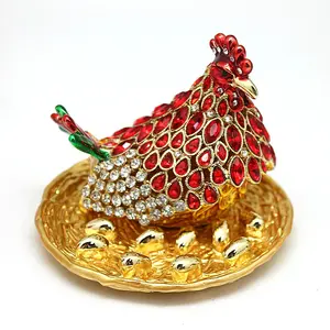 Hen Hatching Eggs Trinket Box Hinged Hand Painted Enamel Hen Decorative Jewelry Box for Rings Earrings Animal Figurine Collectible Storage Gift for Home Decor Chinese Style Alloy Ornaments