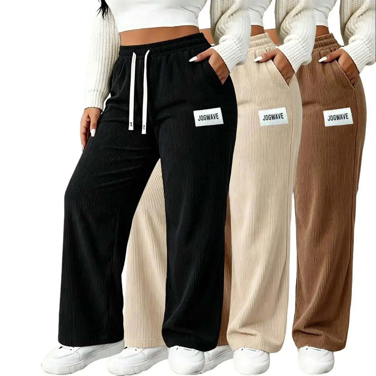 3‑Pack Plus‑Size Drawstring Corduroy Pants, Striped Corduroy Wide‑Leg Straight Trousers, Elastic Waistband with Back Pockets, Basic Minimalist Comfy Casual Womenswear, Back to School Outfits for College Campus Daily Wear