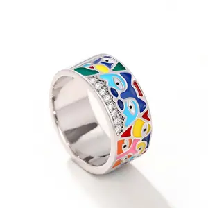 Colorful Enamel Cartoon Eye Zircon Ring  Fun Statement Jewelry for Women and Men Everyday and Party Gift