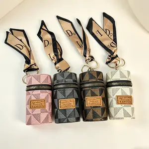 Vintage Leather Key Pouch for Women | Monogram Barrel Keychain | Mini Car Key Organizer Retro Stitched Bag Charm