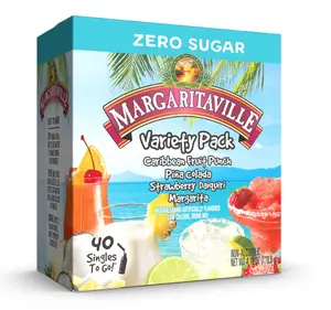 Margaritaville Singles to Go Water Drink Mix, Variety Pack, Includes 4 Flavors: Caribbean Fruit Punch, Pina Colada, Strawberry Daiquiri, And Margarita,1 Box (40 Single Servings)