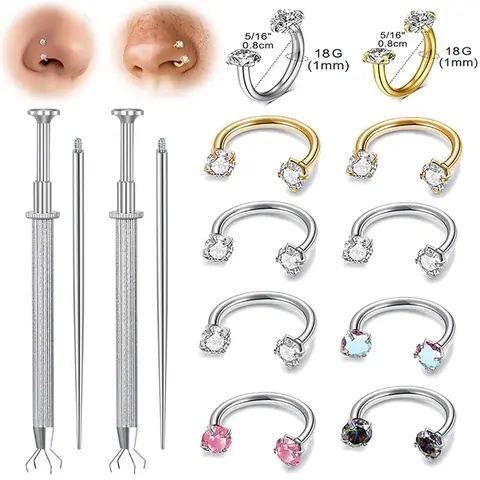 12Pcs 16g Horseshoe Nose Ring Set for Women Double Gem Horse Shoe Nose Ring Hoop Surgical Steel Silver Gold Cartilage Helix Tragus Earring Hoops Labret Lip Piercing Jewelry Small Septum Rings 16g