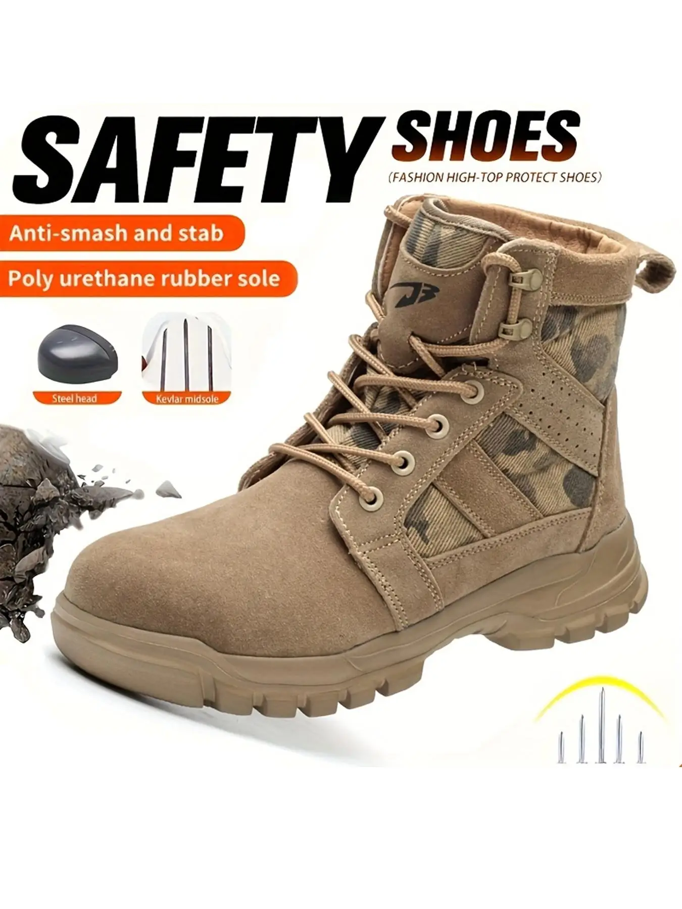 Men's Camo Pattern Lace Up High Top Safety Boots, Outdoor Work Safety Shoes, Non-slip Anti-smash Shoes for Men, Footwear