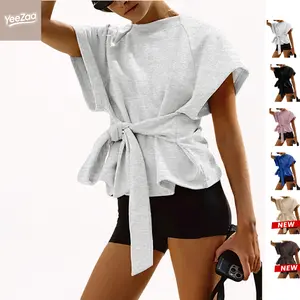 YeeZaa Women's Tie Knot Wrap Top Summer 2026 Short Sleeve Sweatshirt Crewneck Lightweight Dropped Shoulders Scoop Neckline Casual Athleisure Tee Fashion Clothes for Workout Lounging Everyday Wear