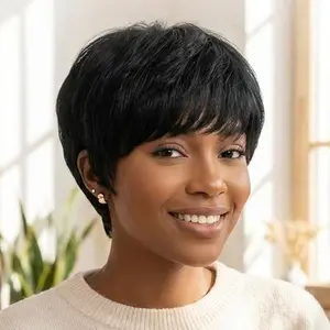 H03 4-inch pixie cut wig with blunt bangs, easily creating a fashionable look. Fully machine-made without glue, comfortable to wear and easy to maintain.