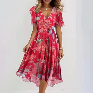 Womens Boho Floral Printed Chiffon Dresses 2025 Summer Elegant V Neck Short Sleeve Belted Summer Wedding Prom Midi Dress