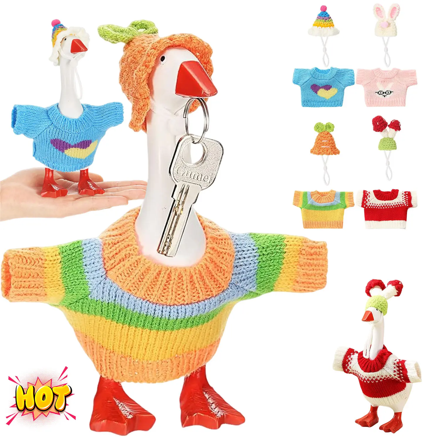 4-Pack 7-Inch Decorative Magnetic Desk Goose Figurine Set, Cable-Knit Knitwear Outfits in Multiple Colors, Cute Key Holder for Home Office DIY Decoration Gift