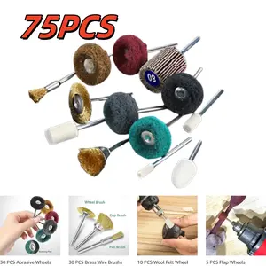75Pcs 1/8"(3 mm) Abrasive Wheel Buffing Polishing Wheel Set for Rotary Tool - Includes 10 wire pen brushes, 10 wire cup brushes, 10 wire wheel brushes, and 30 abrasive buffing wheels