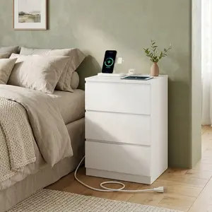 Modern Ebony Black Nightstand with Charging Station 3 Drawers Side End Table Beveled Drawer Fronts Built-in 2 AC Outlets 2 USB Ports Minimalist Wooden Bedside Table for Bedroom Home Decor