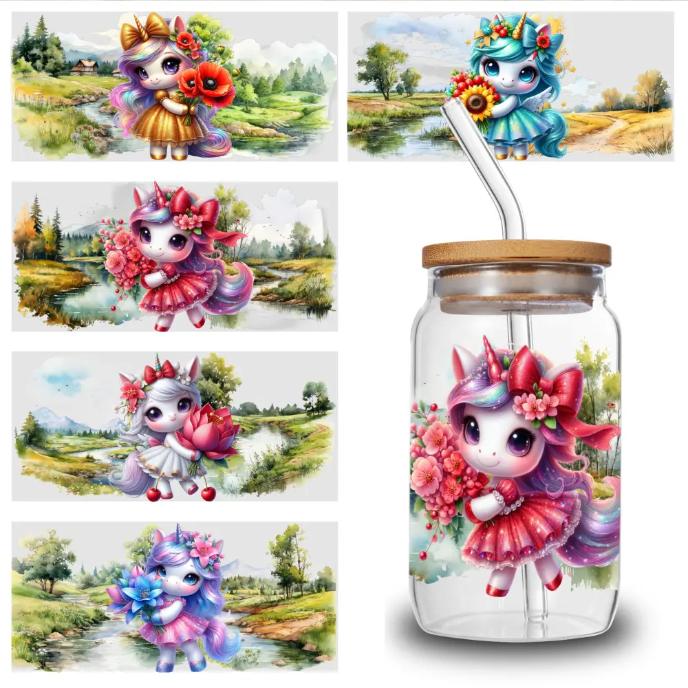 5 Sheets Cute Unicorn UV DTF Stickers UV DTF Cup Wraps Stickers - for 16 Ounce Libbey Cups - Animal 3d Crystal Label - Waterproof And Scratch Resistant Sticker - DIY Sticker for Glass Cups And Bottles