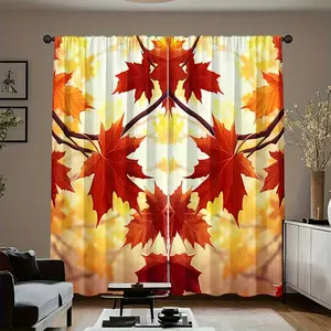 2-Piece set with vivid red and orange maple leaf print curtains, translucent rod pocket design, suitable for living room bedroom kitchen balcony home decoration, fall Thanksgiving decoration curtains, room decoration.