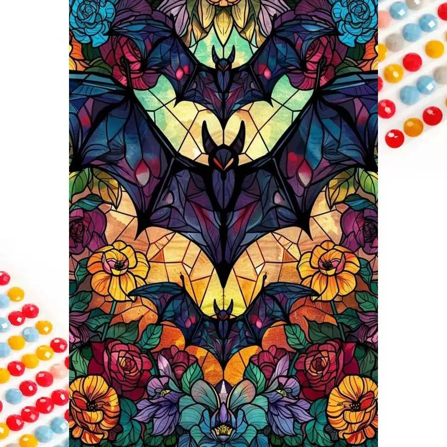 5D DIY full drill round diamond painting - diamond painting kit bat flower mosaic canvas DIY wall art, home wall decoration, Craft, Diamond Art Tools