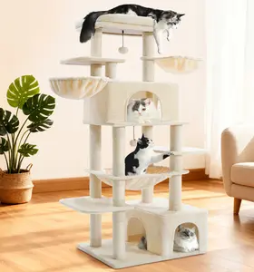 ABCPET Large Cat Tree Tower 68" Multi-Level Beige Cat Tree with Sisal Scratching Posts, 3 Hammocks, Widen Cat Perch, and Condos for Indoor Cats