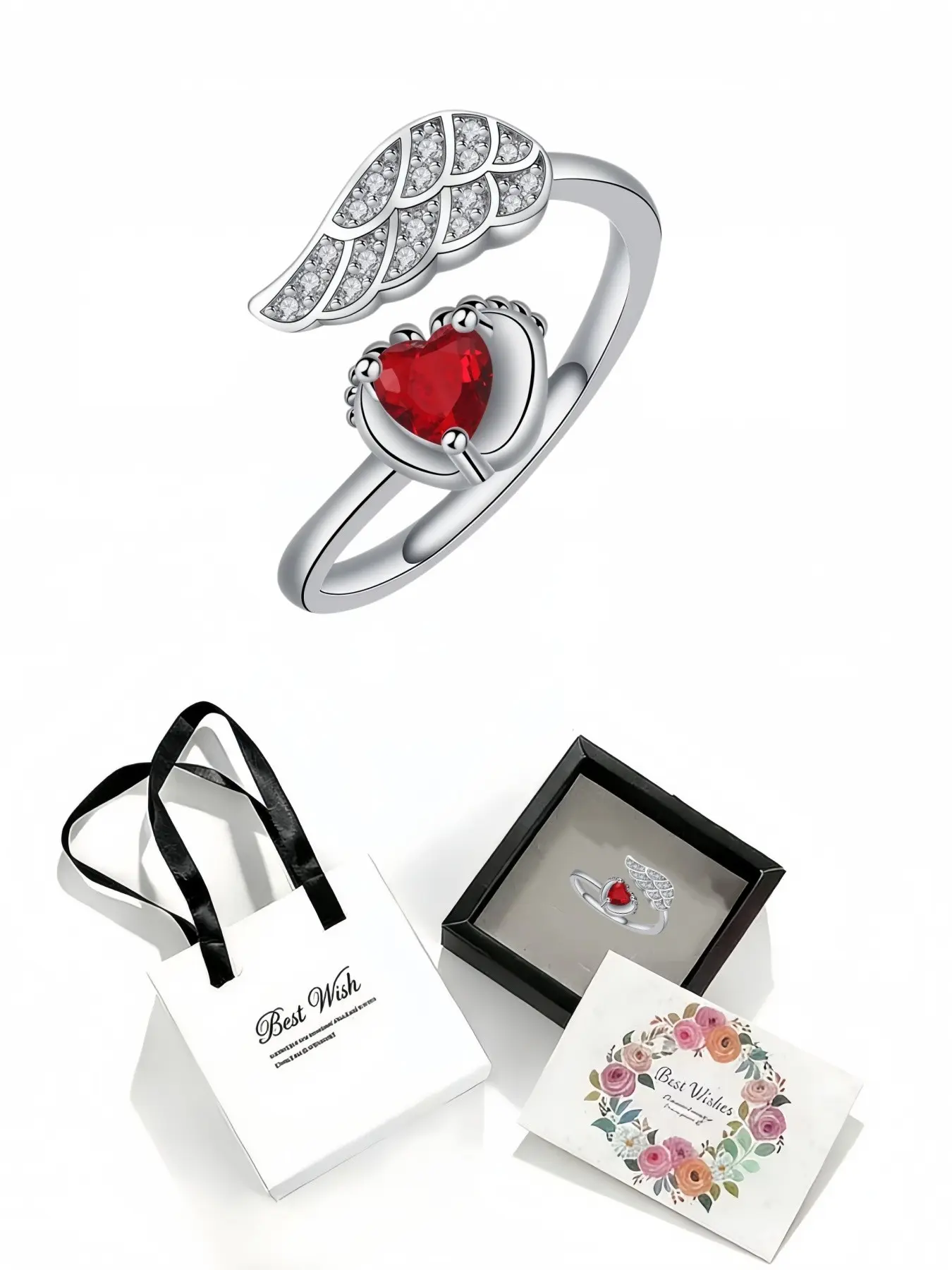 Angel Guardian Elegant open ring with angel wing inlaid gemstones and diamonds for women.Comes with an exquisite drawer jewelry box, ideal for birthdays, Mother's Day, Valentine's Day, Christmas and anniversaries.