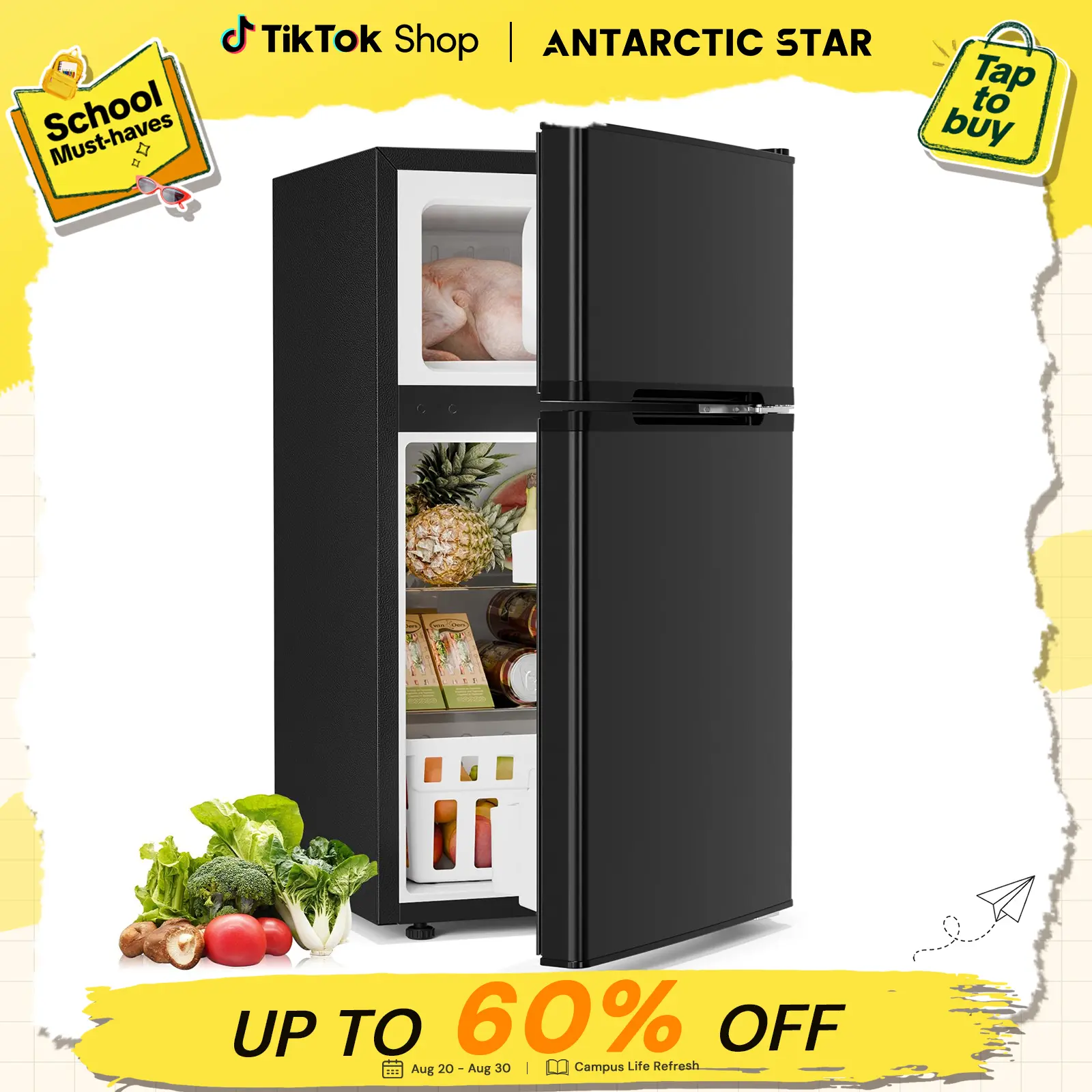 Antarctic Star 2.45 cu.ft Compact Home Refrigerator with Freezer - Household Appliances, 32.48" Tall, Adjustable Temp, Mechanical Thermostat, Upper Freezer, Lower Fridge, Standard Plug, Mini Fridge for Apartment Small Spaces