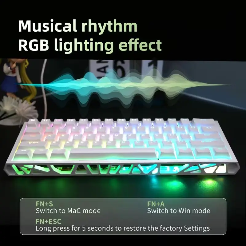 61-Key Hot-Swappable Mini Mechanical Keyboard, White Top-Printed Hollowed-Out Legend Keycaps, RGB Backlighting, DIY Switch Replacement Support, Compatible with Laptops/PCs, Ideal for Gaming, Work