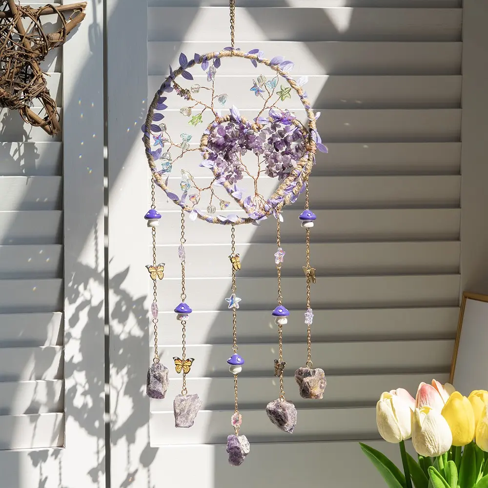 Natural Gemstone Heart Shape Crystal Sun Catcher, Butterfly Mushroom Design Hanging Ornament, Decorative Hanging Piece, Home Office Interior Decor, Perfect Valentine's Day, Mother's Day, Birthday Gift