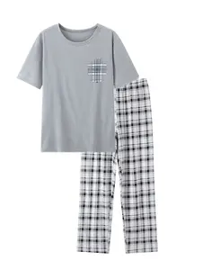 Men's Spring Summer Thin Sleepwear Set, Short Sleeve Long Pants 2 Piece Set, Casual Home Wear with Printed Pattern, Round Neck Design