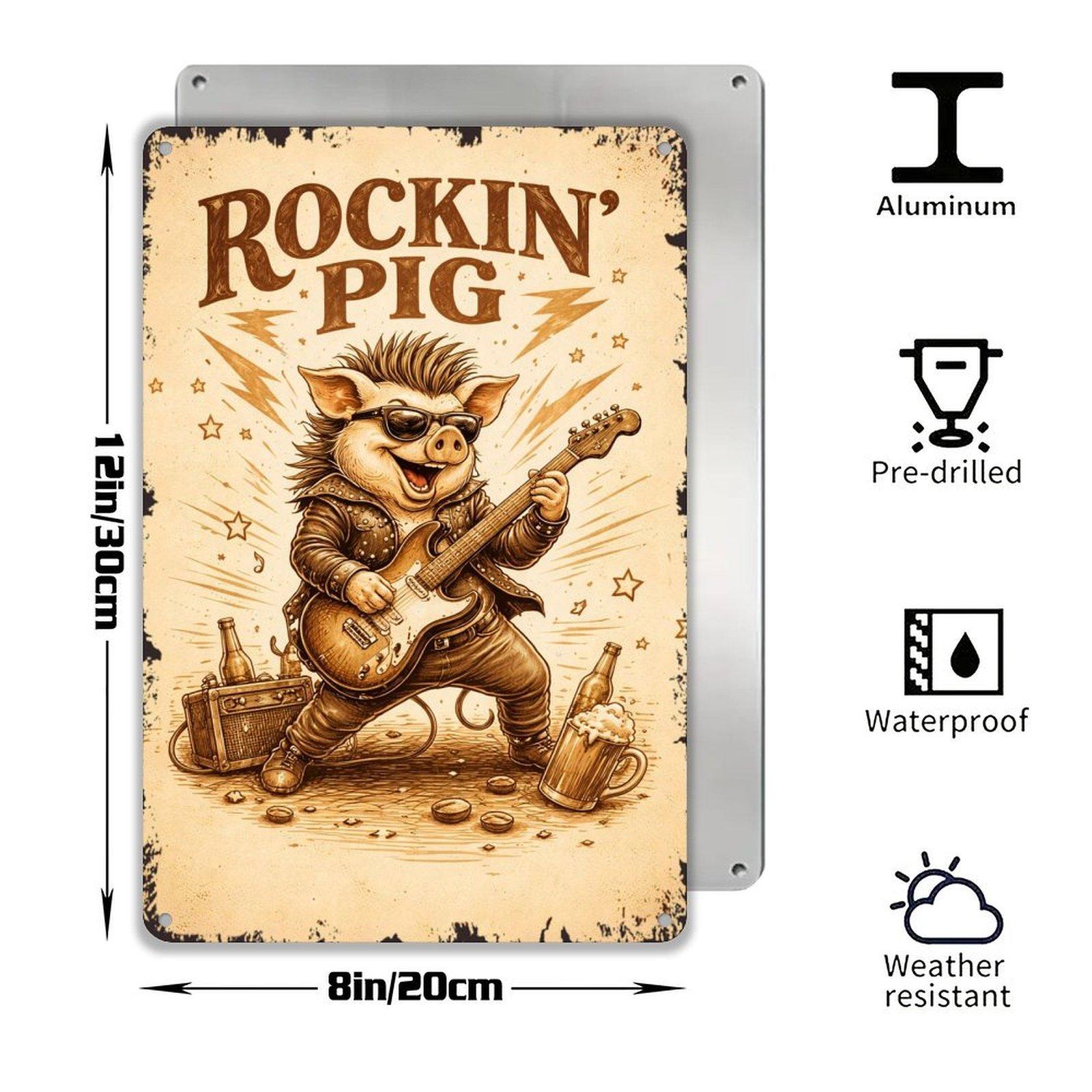 Rockin' Pig – Funny Rock Music Poster – 8x12 Inch Metal Sign for Bar, Pub, or Game Room Decor