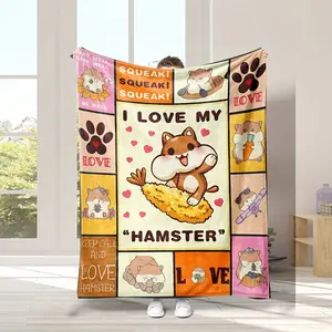 1pc Digital Printing Cute Hamster Element Flannel Blanket, Super Warm, Soft, Comfortable And Skin-Friendly Plush Blanket, Suitable for Sofas, Beds, Offices, Interior Decoration, And Lunch Breaks. Available in All Seasons，Holiday gifts for family