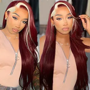 VIPbeauty 99J Burgundy with 613 Blonde Highlights 13x6 Bone Straight Skunk Stripe Wig HD Lace Wigs 200% Density