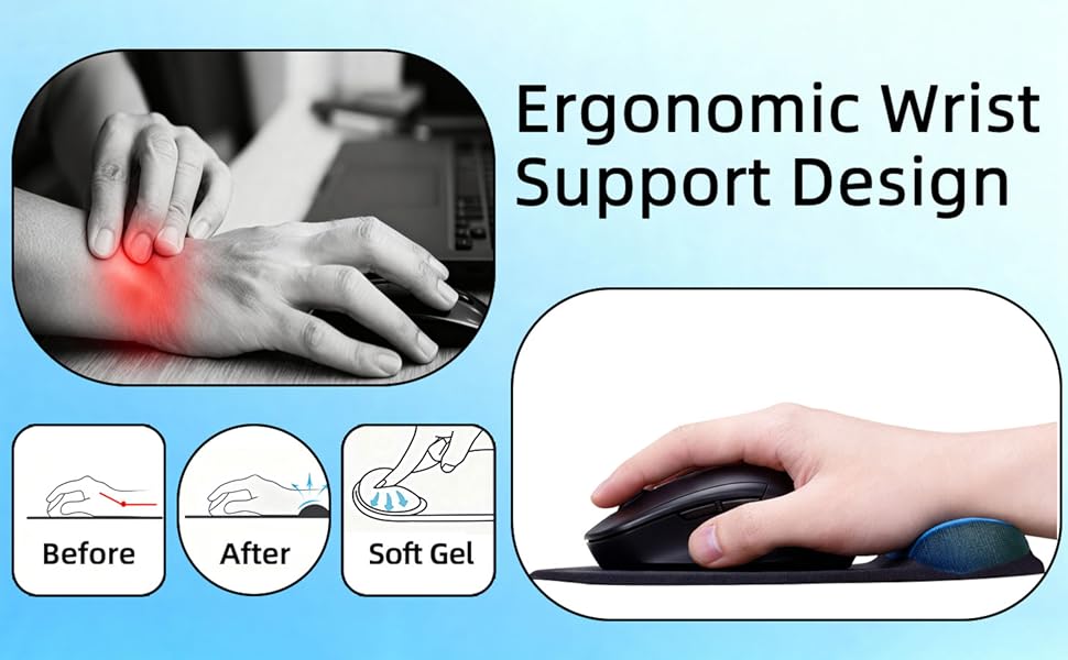 Ergonomic Mouse Pad with Wrist Rest, Gel Wrist Support Mousepad, Pain Relief Laptop Computer Mouse Pad, Non-Slip Mouse Pads for Office & Home (Black)