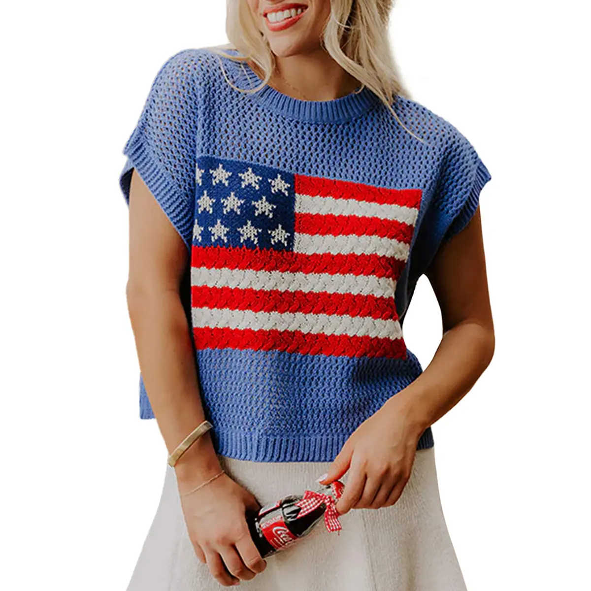 Mntaor Women's 4th of july American Flag Graphic Relaxed Fit Short Sleeve Knit Sweater Top for Independence Day Festivals & Casual Streetwear Knitwear - Womenswear