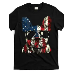 French Bulldog with The American Flag for The 4Th of July, Featuring a Stylish Design. This Trendy Women'S Tee Is Made of Comfortable with a Round Neck And Short Sleeves