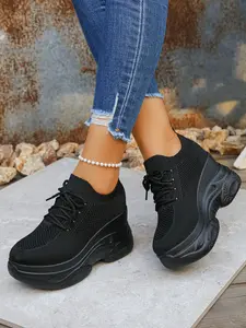 Women's Black & White Fashion Wedge Platform Hidden Heel Casual Sneakers, Hollow Out Breathable Fabric Upper, Must-Have for Petite Ladies, Comfortable & Elegant for Home, Formal Occasions, Travel, Daily, Work & Commute