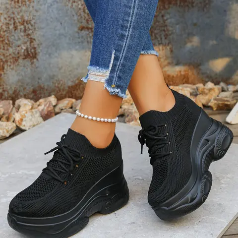 Women's Black & White Fashion Wedge Platform Hidden Heel Casual Sneakers, Hollow Out Breathable Fabric Upper, Must-Have for Petite Ladies, Comfortable & Elegant for Home, Formal Occasions, Travel, Daily, Work & Commute, Wedge Trainers