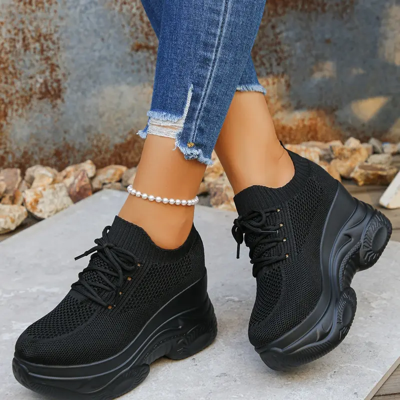 Women's Black & White Fashion Wedge Platform Hidden Heel Casual Sneakers, Hollow Out Breathable Fabric Upper, Must-Have for Petite Ladies, Comfortable & Elegant for Home, Formal Occasions, Travel, Daily, Work & Commute, Wedge Trainers