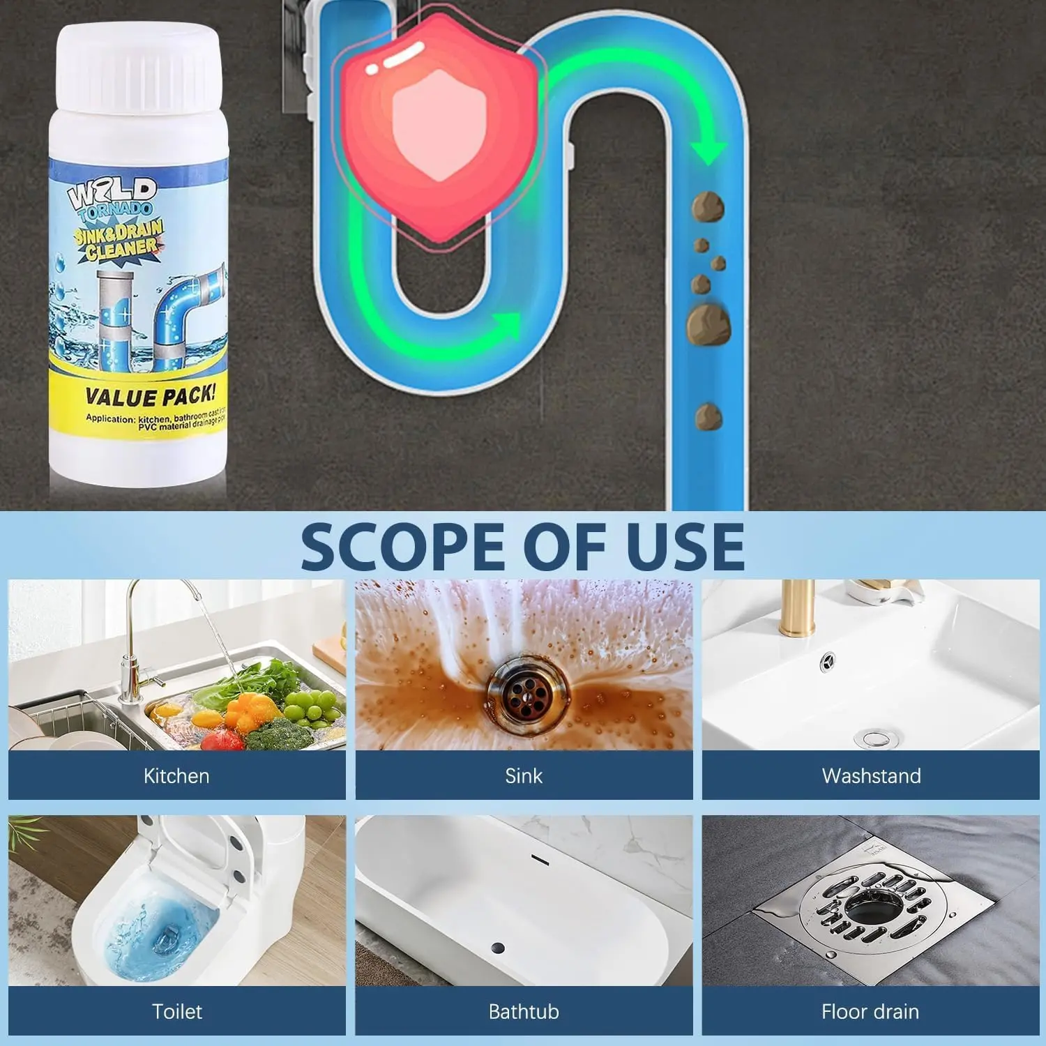 Powerful Drain Cleaner, Strength Drain Cleaner, Drain Clog Remover, Wild Dragon Water Sink and Drain Cleaning Powder, Portable Household Cleaning Powder Tool for Kitchen and Bathroom, Home Cleaning Products