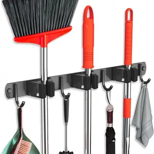 Mop and Broom Holder Wall Mount, Stainless Steel Organizer with 3 Racks 4 Hooks