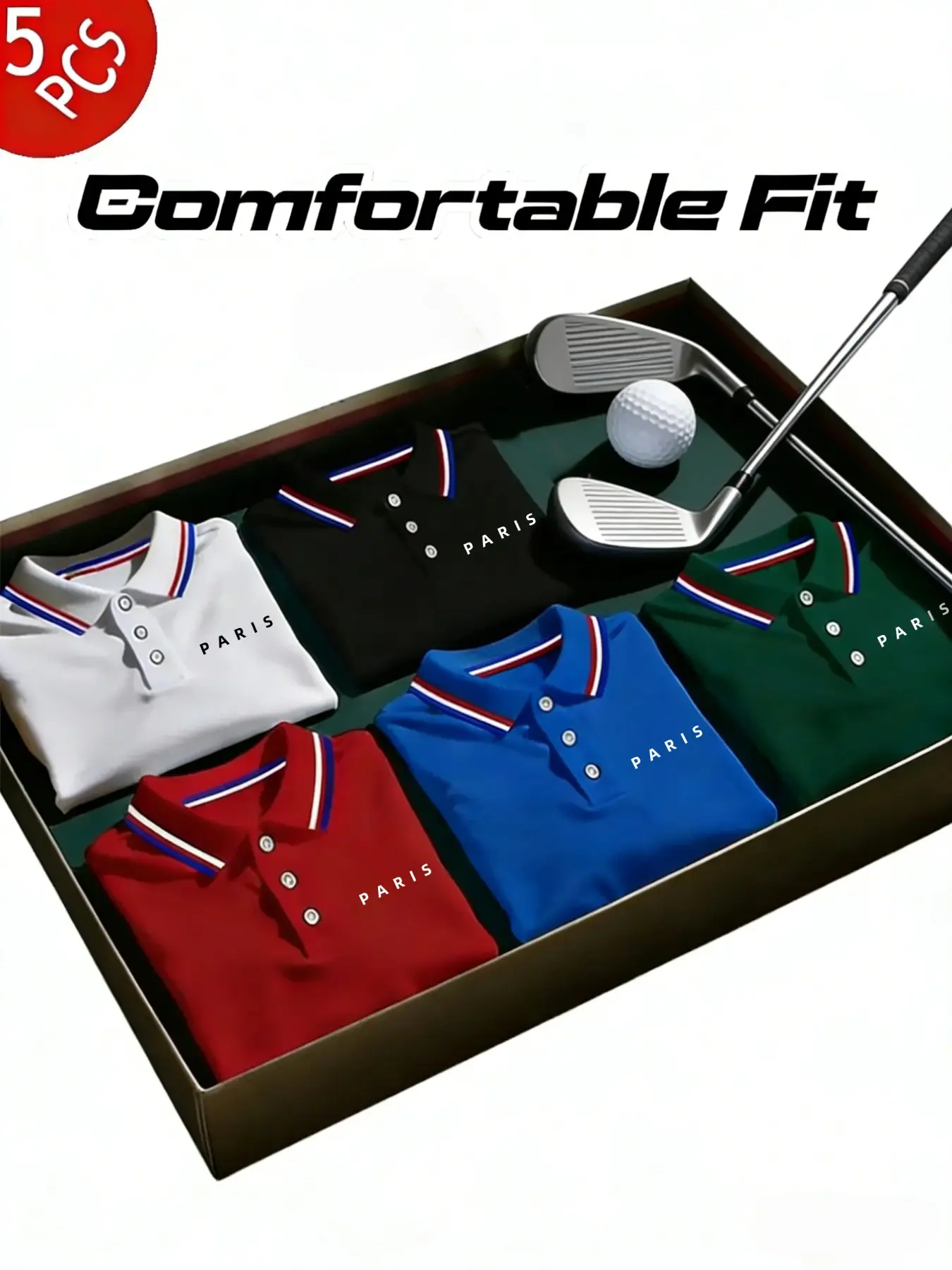 Men's Buttoned Polo Shirts 5-Piece Set, Classic Collar Design, Paris Logo, Short Sleeve, Casual & Business Wear, Activewear, Comfortable Fit, All Seasons, Menswear, Sports Clothes