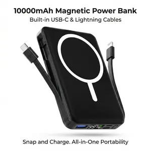 Podoru Multifunctional 10000mAh Power Bank, Wireless Magnetic Travel Charger Built-in USB C Lighting Cable, MagSafe for iPhone 17/16/15/14/13/12 Series Ultra-Slim Rechargeable Battery Charging Fast Pack Portable Dual-Port