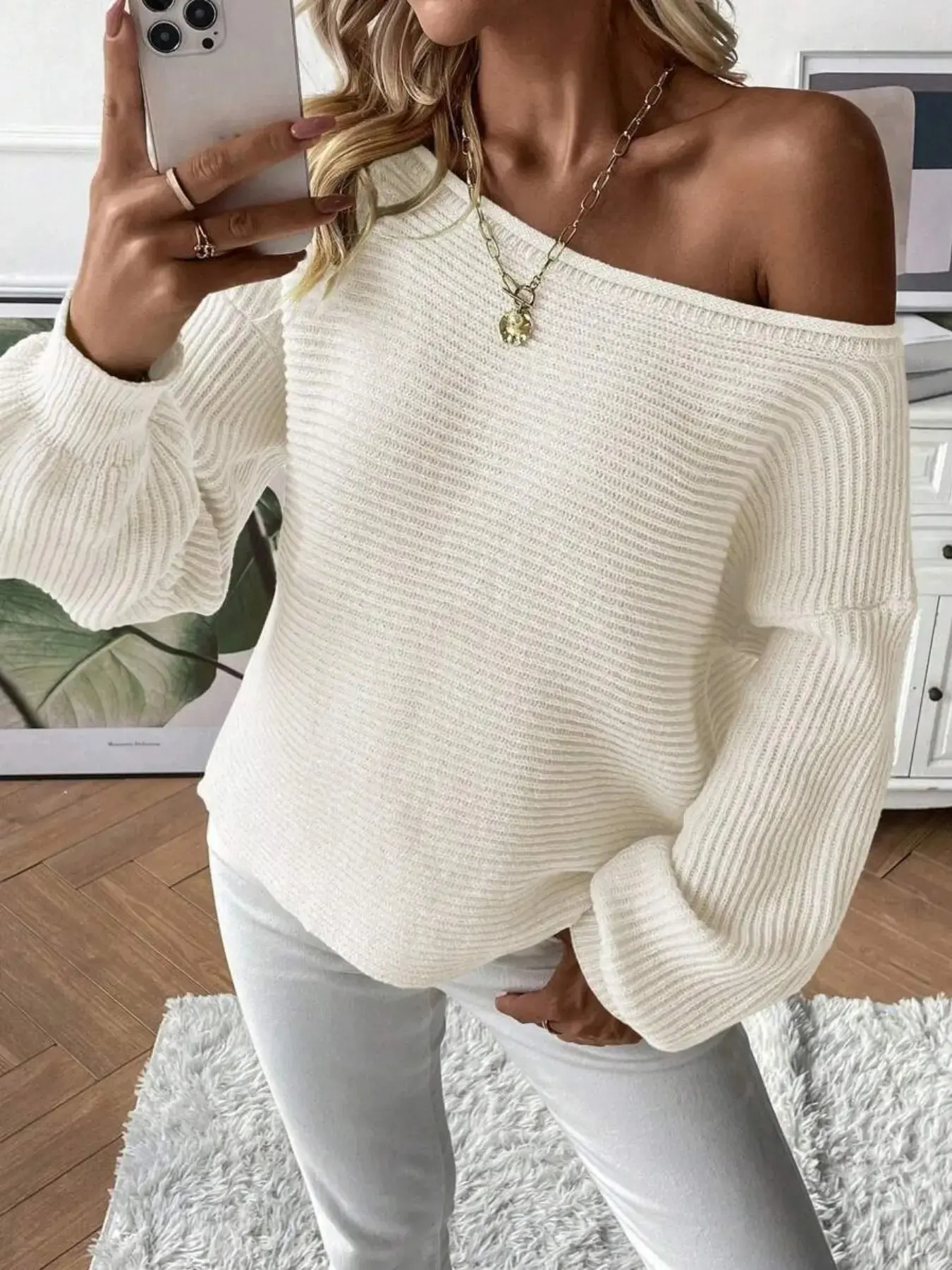 Women's Off-Shoulder Boat Neck Solid Color Long Sleeve Pullover Sweater Knitwear Autumn Winter Ribbed Knit Casual Loose Fit Cozy Soft Lightweight Top Fall Outfit Cute Fashion