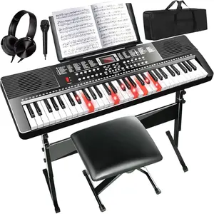 61 Key Electric Keyboard Piano for Beginners w/Light-Up , Gifts, Full Set: Stand, Bench, Headphones, Padded Bag, Note Stickers, 70 Demos, 200 Rhythms/, LED Display