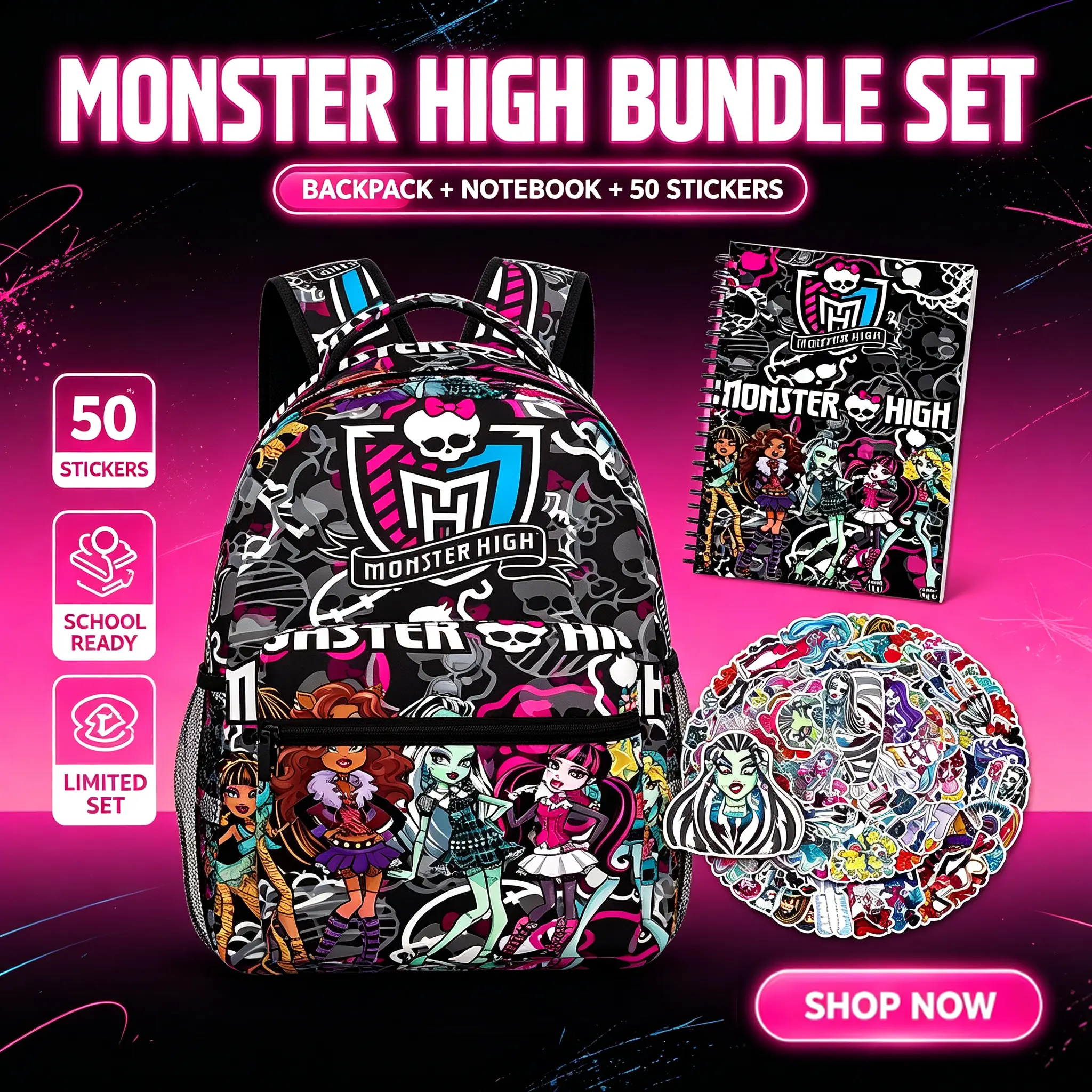 3 Piece Monster High Backpack Set for Boys Girls Teens, Anime Graphic School Backpack with 1 Notebook and 50pcs Stickers, Cute Bookbag Set with Side Pockets for  Elementary Middle School  Travel