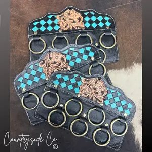 Leather Scarf Hanger - Rustic Turquoise Checkered Wild Rag Design, Home Organizer for Scarf Storage