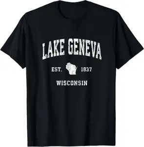 100% Cotton Fashion Garment t-shirt Lake Geneva Wisconsin WI Vintage Athletic Sports Design T-Shirt mens，black，women，funny，journey，Crew Neck, Short Sleeve,custom clothing patterns.gift