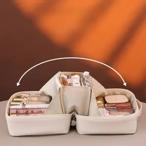 Large Capacity Double Zipper PU Makeup Bag Portable Travel Toiletry and Beauty Essentials Makeup Organizer, Beige, Unisex Multifunctional Design, Makeup Travel Bag, Travel Cosmetic Bags