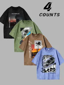 4-Pack Men's Streetwear T-Shirts, High-Street West Coast Style, Tropical Print, Loose Fit, Summer Fashion, Casual Top