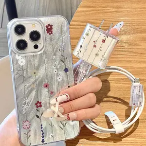 5-Piece Set with Textured Striped Design, Includes Charger Case, 2 Data Cable Sleeves, and Silicone Cable Tie for iPhone 11-16 Series