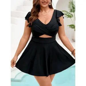 New Fashion Plus Size Solid Color Minimalist Sexy Tummy Control Cutout Backless Two Piece Tankini Swimsuit for Women,Ruffle Sleeve Twist Front Cutout Waist Flowy Hem Tummy Control Solid Black One Piece Swim Dress bikini