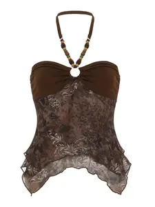 Vintage Floral Print Mesh Beaded Halter Spaghetti Strap Backless Top, Sexy Y2K Summer Beach Tank Top, Cute Grunge Vacation Sleeveless Vest for Women