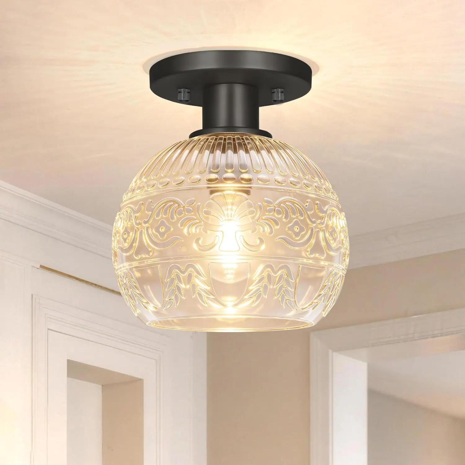 7.09in Black Flush Mount Ceiling Light Fixture with Glass - Vintage Charm, Elegant Overhead Lighting, Fits Goble, Easy Install for Hallway, Bathroom