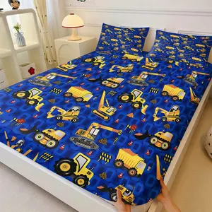 Construction Vehicle Theme Fitted Sheet Set, Includes 1 Bedspread and 2 Pillowcases, Excavator Bulldozer Print Fashion Personality Quilt Cover, Soft and Comfortable, All Seasons Use