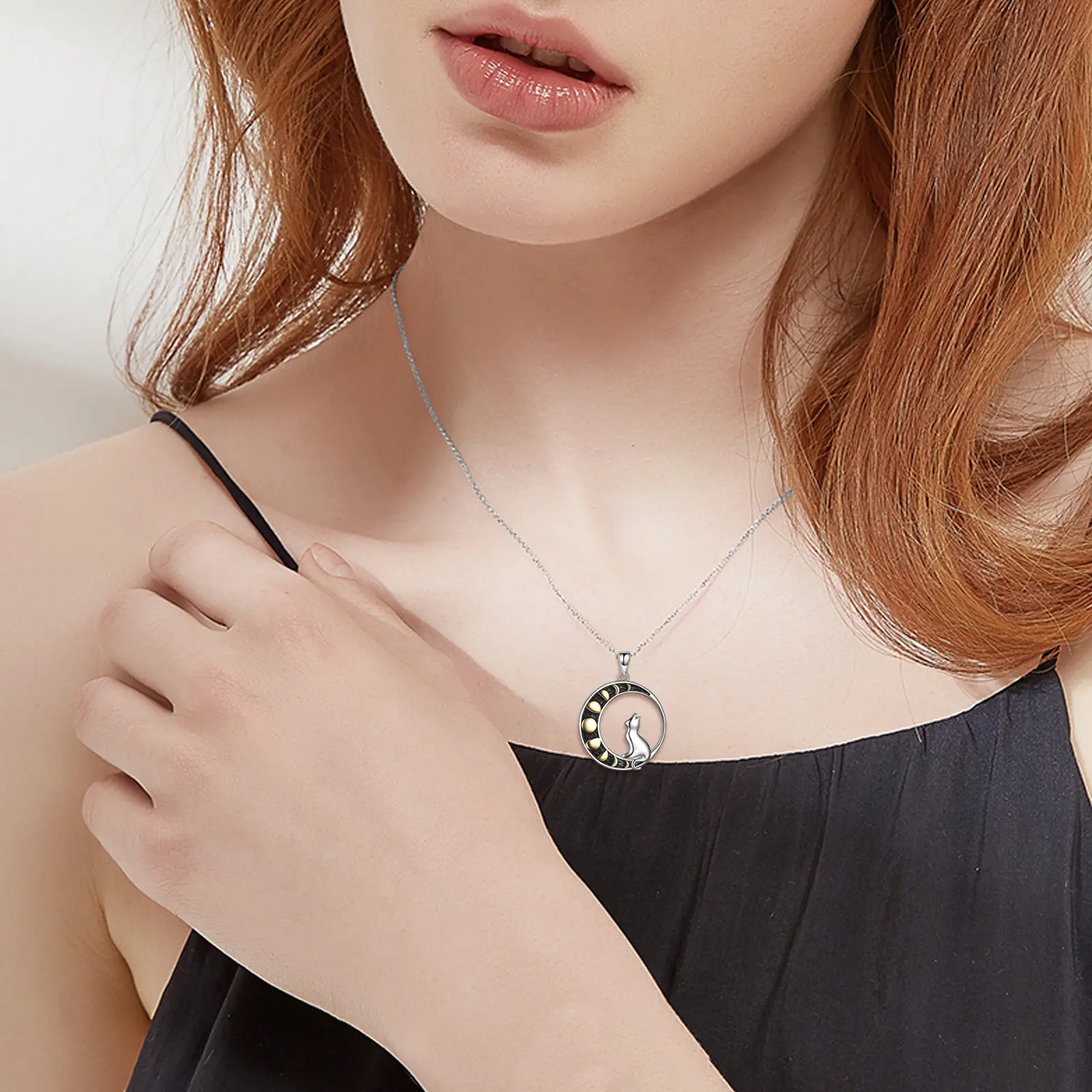 PORTCAS Cat Necklace Sterling Silver Cat Moon pendant Animal Jewelry Gifts for Women