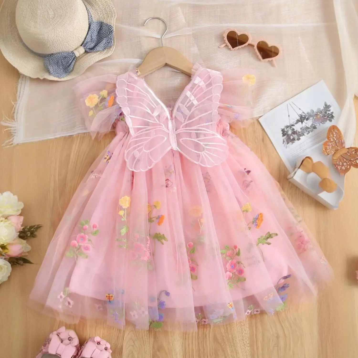 Toddler Girls Butterfly Dresses Ruffles Sweet Floral Summer Dress for Holiday Fairy Birthday Party Princess Dress for Girls